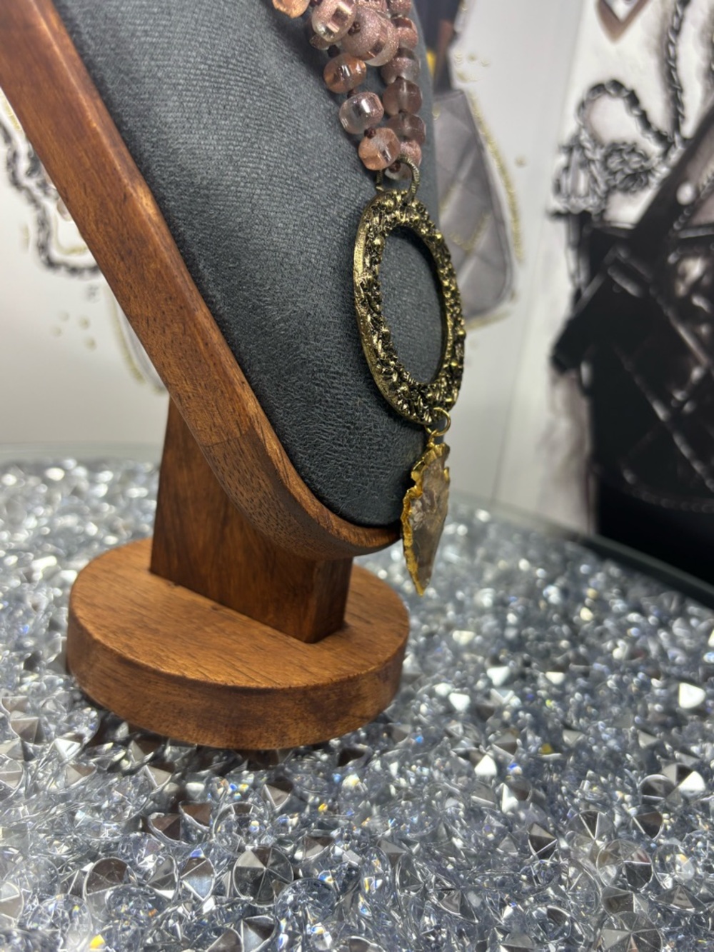 Rose Gold tiger's eye beaded Necklace with Ornate Gold Circle Pendant - Picture 5 of 8